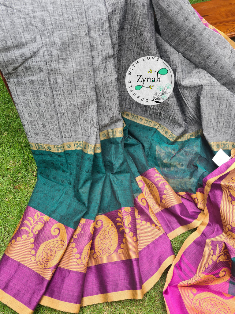 Zynah Grey Color Pure Handspun Cotton Saree with Zari Weave Border; Custom Stitched/Ready-made Blouse, Fall, Petticoat; Shipping available USA, Worldwide