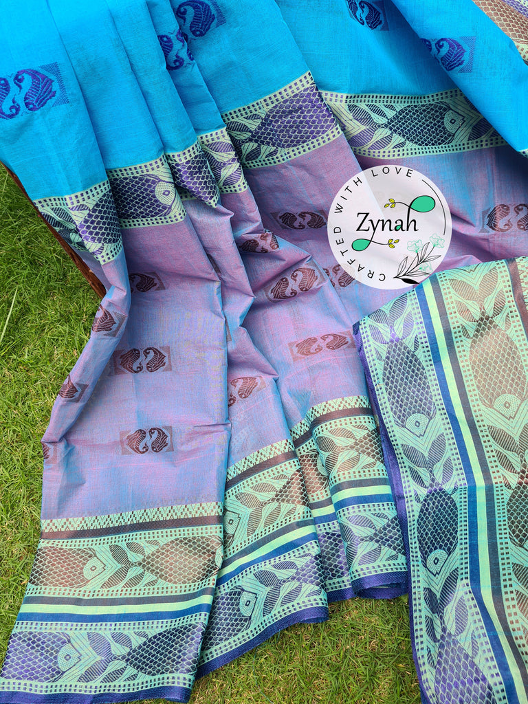 Zynah Blue Color Pure Handspun Cotton Saree with Zari Weave Border; Custom Stitched/Ready-made Blouse, Fall, Petticoat; Shipping available USA, Worldwide