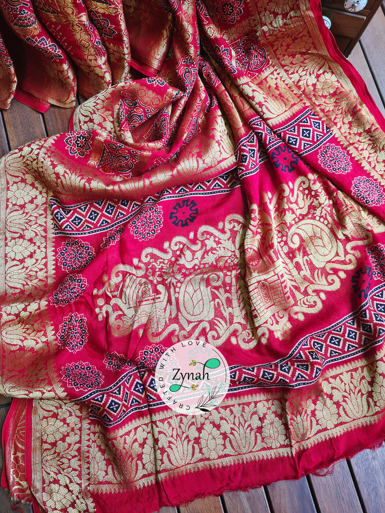Zynah Pure Munga Silk Saree with Ajrakh Prints & Gharchola Zari Weave; Custom Stitched/Ready-made Blouse, Fall, Petticoat; Shipping available USA, Worldwide