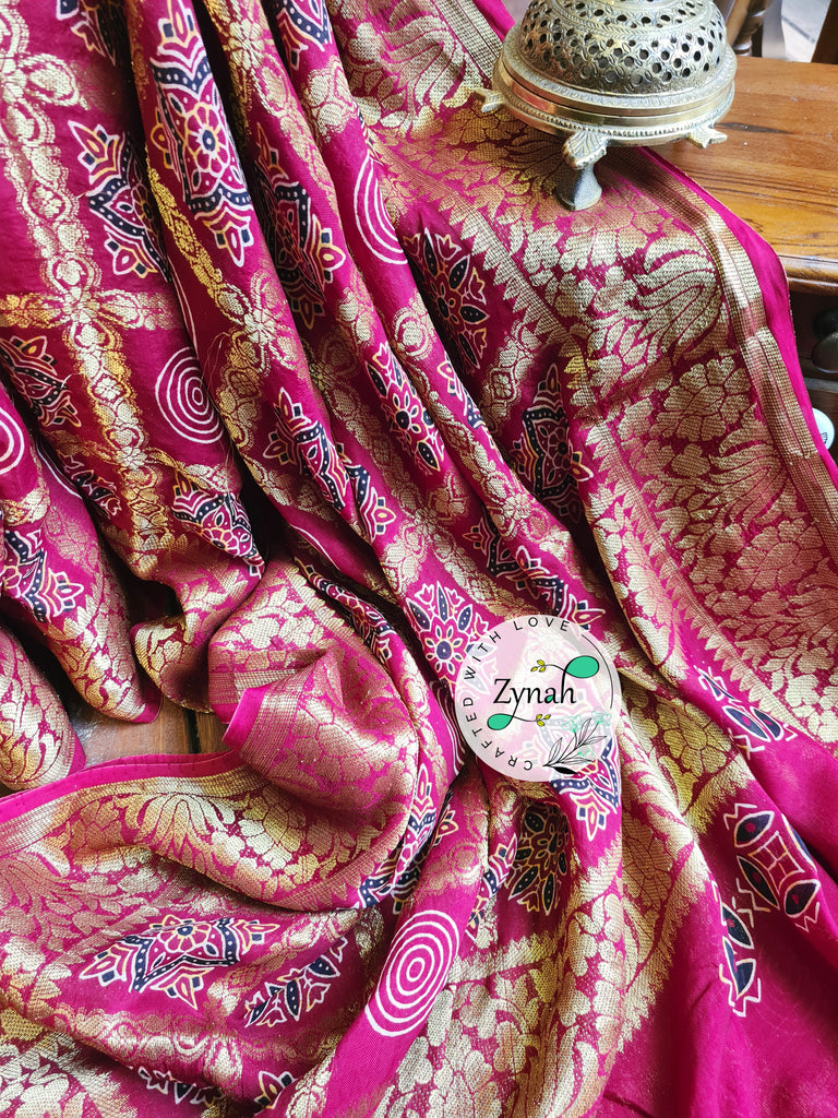 Zynah Pure Munga Silk Saree with Ajrakh Prints & Gharchola Zari Weave; Custom Stitched/Ready-made Blouse, Fall, Petticoat; Shipping available USA, Worldwide