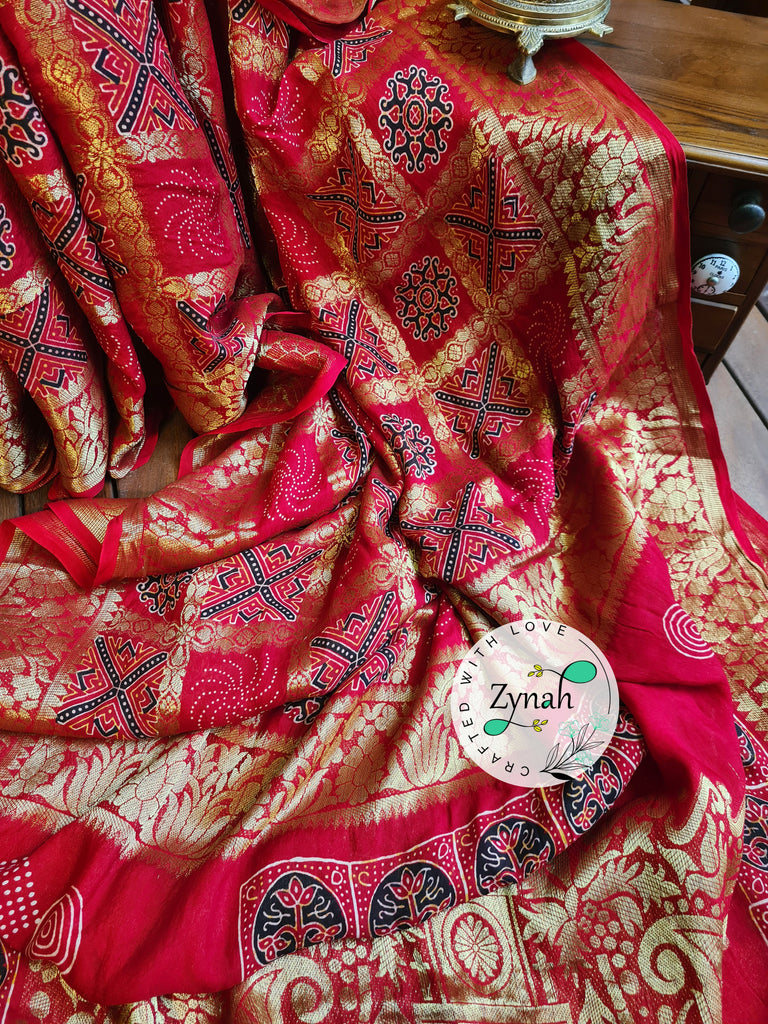 Zynah Pure Munga Silk Saree with Ajrakh Prints & Gharchola Zari Weave; Custom Stitched/Ready-made Blouse, Fall, Petticoat; Shipping available USA, Worldwide