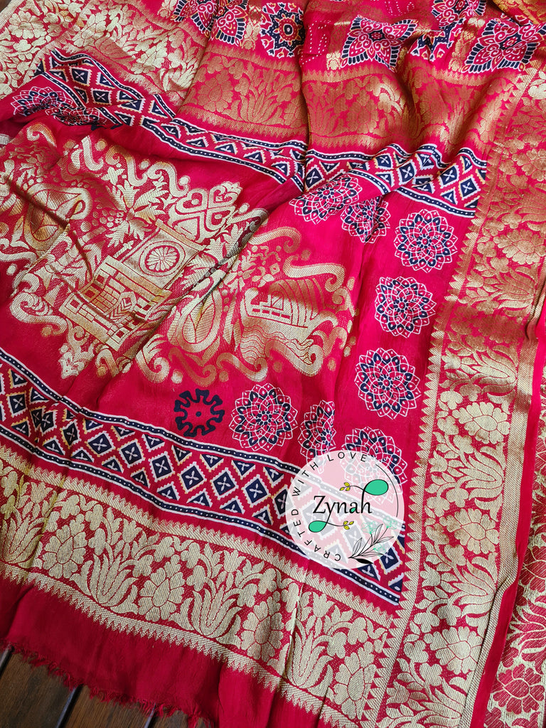 Zynah Pure Munga Silk Saree with Ajrakh Prints & Gharchola Zari Weave; Custom Stitched/Ready-made Blouse, Fall, Petticoat; Shipping available USA, Worldwide