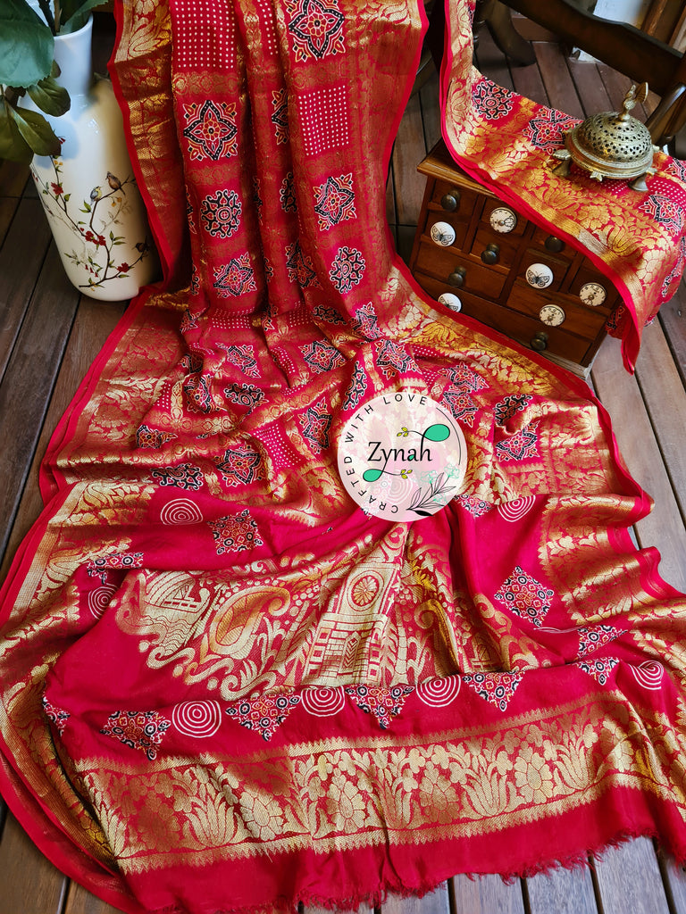 Zynah Pure Munga Silk Saree with Ajrakh Prints & Gharchola Zari Weave; Custom Stitched/Ready-made Blouse, Fall, Petticoat; Shipping available USA, Worldwide