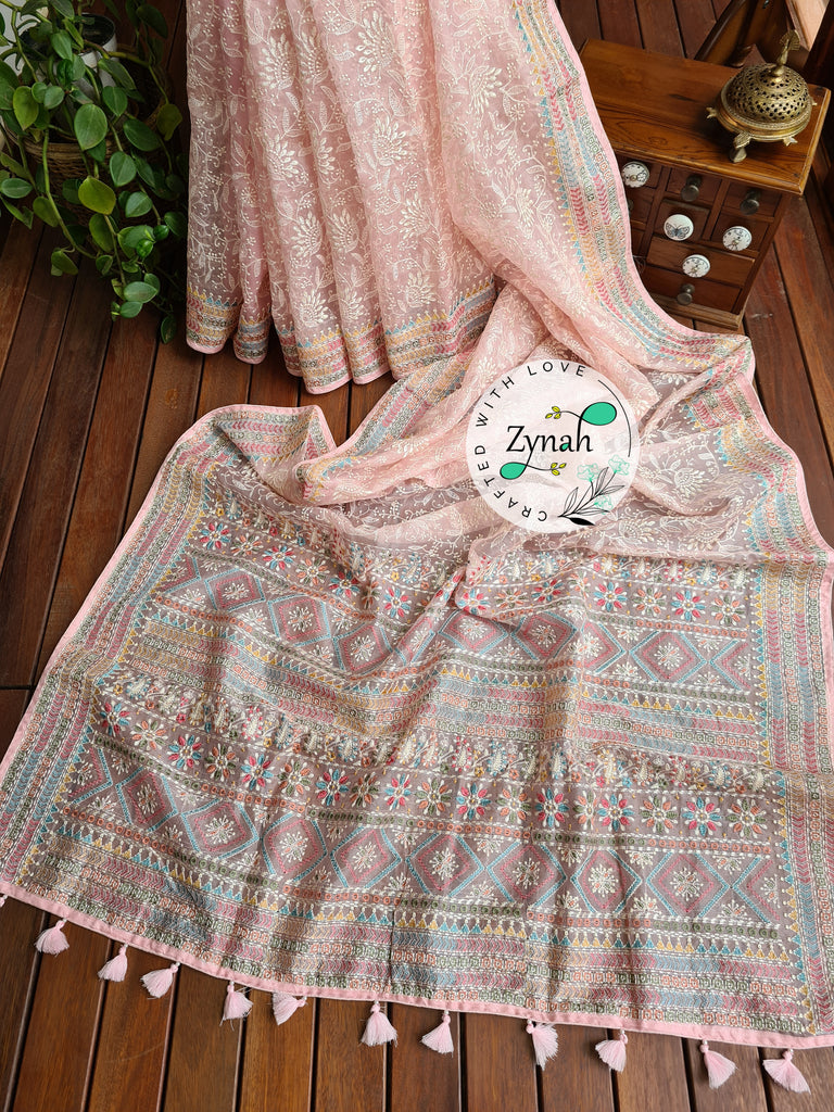 Zynah Pure Organza Silk Saree with Kantha Style Embroidery; Custom Stitched/Ready-made Blouse, Fall, Petticoat; Shipping available USA, Worldwide