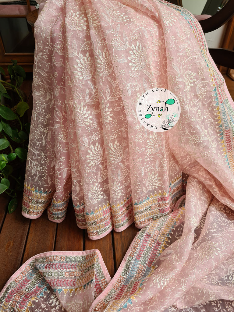 Zynah Pure Organza Silk Saree with Kantha Style Embroidery; Custom Stitched/Ready-made Blouse, Fall, Petticoat; Shipping available USA, Worldwide