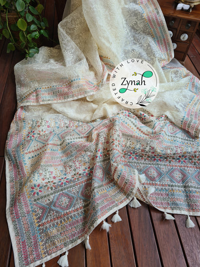 Zynah Off-white Color Pure Organza Silk Saree with Kantha Style Embroidery; Custom Stitched/Ready-made Blouse, Fall, Petticoat; Shipping available USA, Worldwide