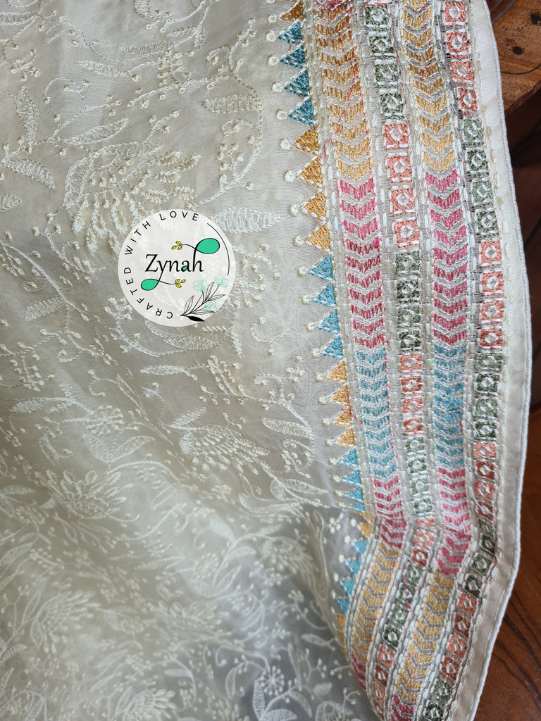 Zynah Off-white Color Pure Organza Silk Saree with Kantha Style Embroidery; Custom Stitched/Ready-made Blouse, Fall, Petticoat; Shipping available USA, Worldwide