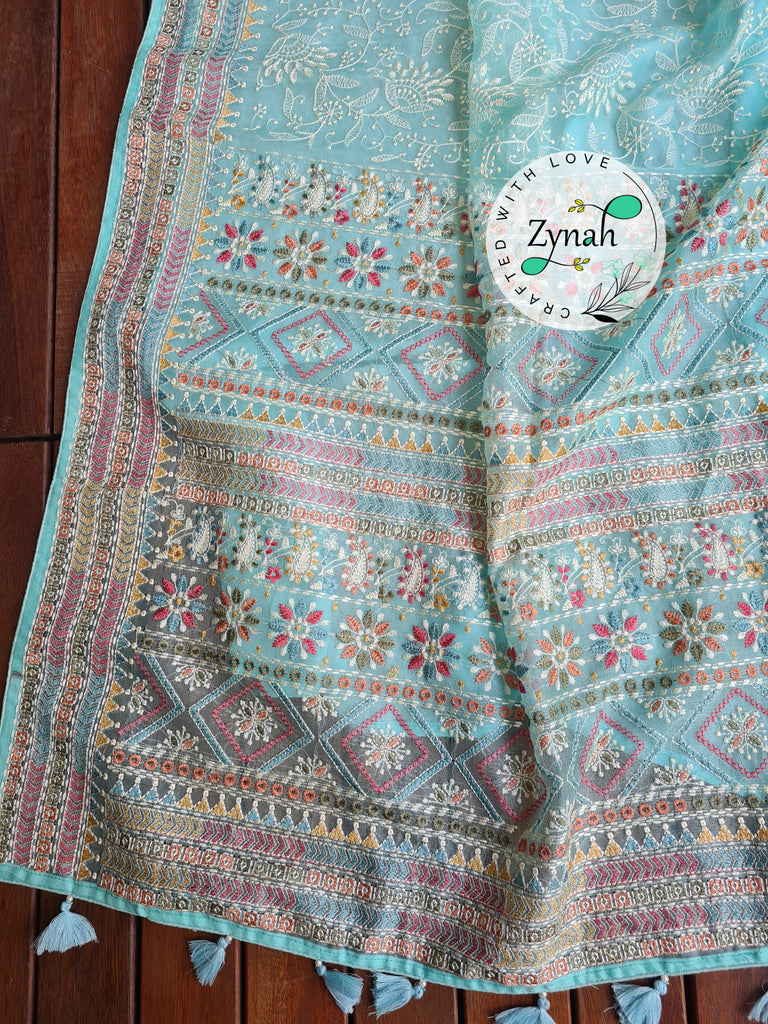 Zynah Powder Blue Color Pure Organza Silk Saree with Kantha Stitch & Chikankari Inspired Embroidery; Custom Stitched/Ready-made Blouse, Fall, Petticoat; Shipping available USA, Worldwide