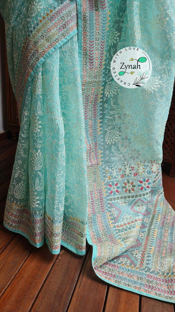 Zynah Powder Blue Color Pure Organza Silk Saree with Kantha Stitch & Chikankari Inspired Embroidery; Custom Stitched/Ready-made Blouse, Fall, Petticoat; Shipping available USA, Worldwide