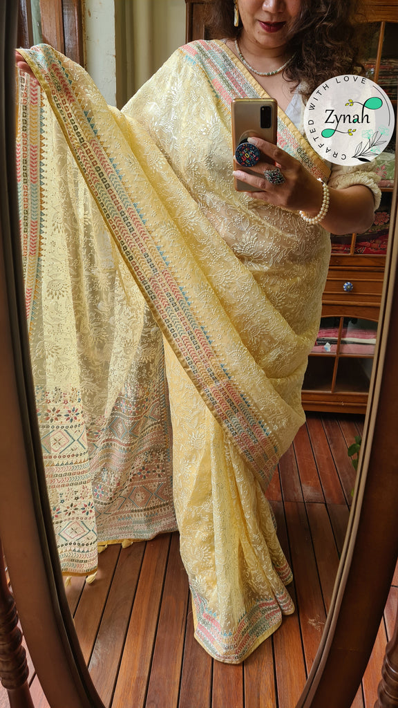 Zynah Butterscotch Yellow Color Pure Organza Silk Saree with Kantha Style Embroidery; Custom Stitched/Ready-made Blouse, Fall, Petticoat; Shipping available USA, Worldwide