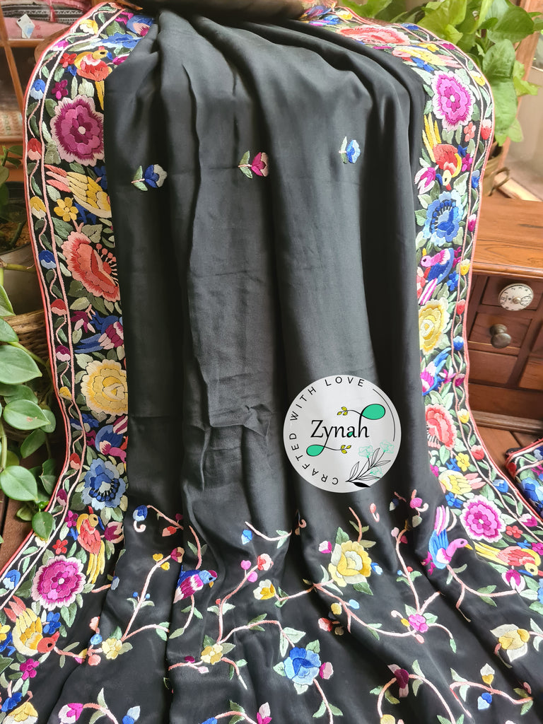 Zynah Black Color Pure Crepe Silk Parsi Gara Handcrafted Saree; Custom Stitched/Ready-made Blouse, Fall, Petticoat; Shipping available USA, Worldwide