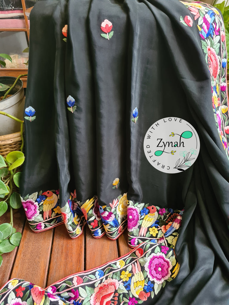 Zynah Black Color Pure Crepe Silk Parsi Gara Handcrafted Saree; Custom Stitched/Ready-made Blouse, Fall, Petticoat; Shipping available USA, Worldwide