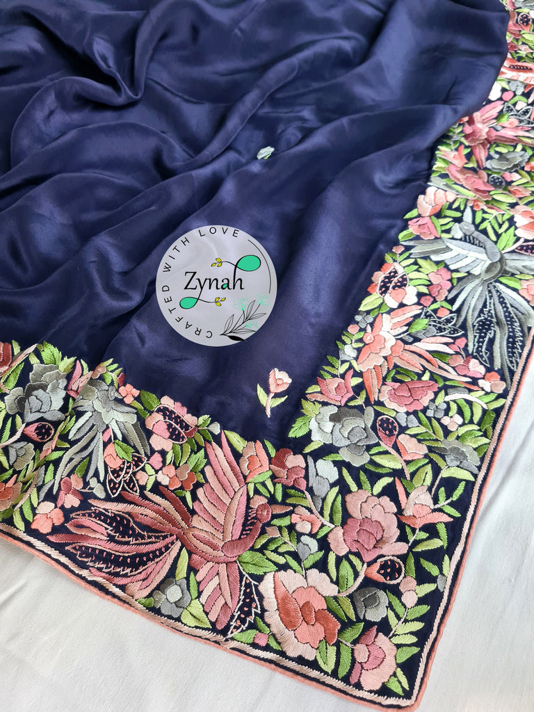 Zynah Blue Color Made to Order Pure Crepe Silk Parsi Gara Handcrafted Saree; Custom Stitched/Ready-made Blouse, Fall, Petticoat; Shipping available USA, Worldwide
