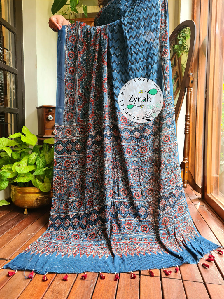Zynah Blue Color Pure Georgette Sequence Work Saree with Ajrakh Handblock Prints; Custom Stitched/Ready-made Blouse, Fall, Petticoat; Shipping available USA, Worldwide