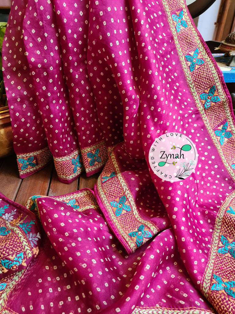 Zynah Pink Color Pure Organza Silk Saree with Bandhani Prints & Kantha Embroidery; Custom Stitched/Ready-made Blouse, Fall, Petticoat; Shipping available USA, Worldwide