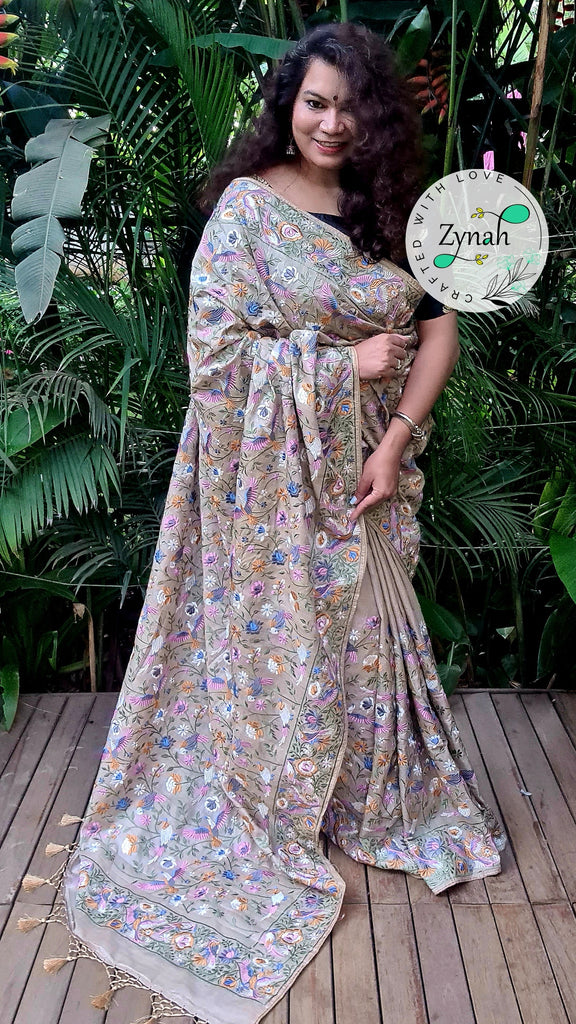 Zynah Tussar Color Pure Tussar Silk Parsi Gara Inspired Embroidery Saree; Custom Stitched/Ready-made Blouse, Fall, Petticoat; Shipping available USA, Worldwide