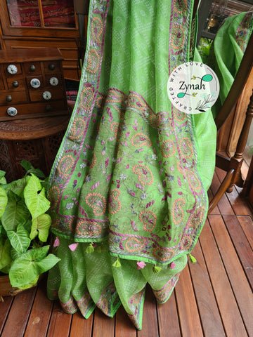 Zynah Light Green Color Pure Organza Silk Saree with Bandhani Prints & Kantha Embroidery; Custom Stitched/Ready-made Blouse, Fall, Petticoat; Shipping available USA, Worldwide