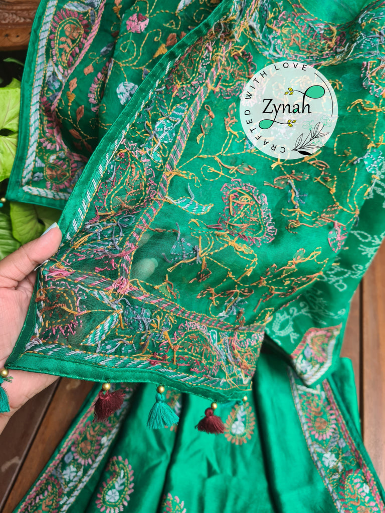 Zynah Green Color Pure Organza Silk Saree with Bandhani Prints & Kantha Embroidery; Custom Stitched/Ready-made Blouse, Fall, Petticoat; Shipping available USA, Worldwide