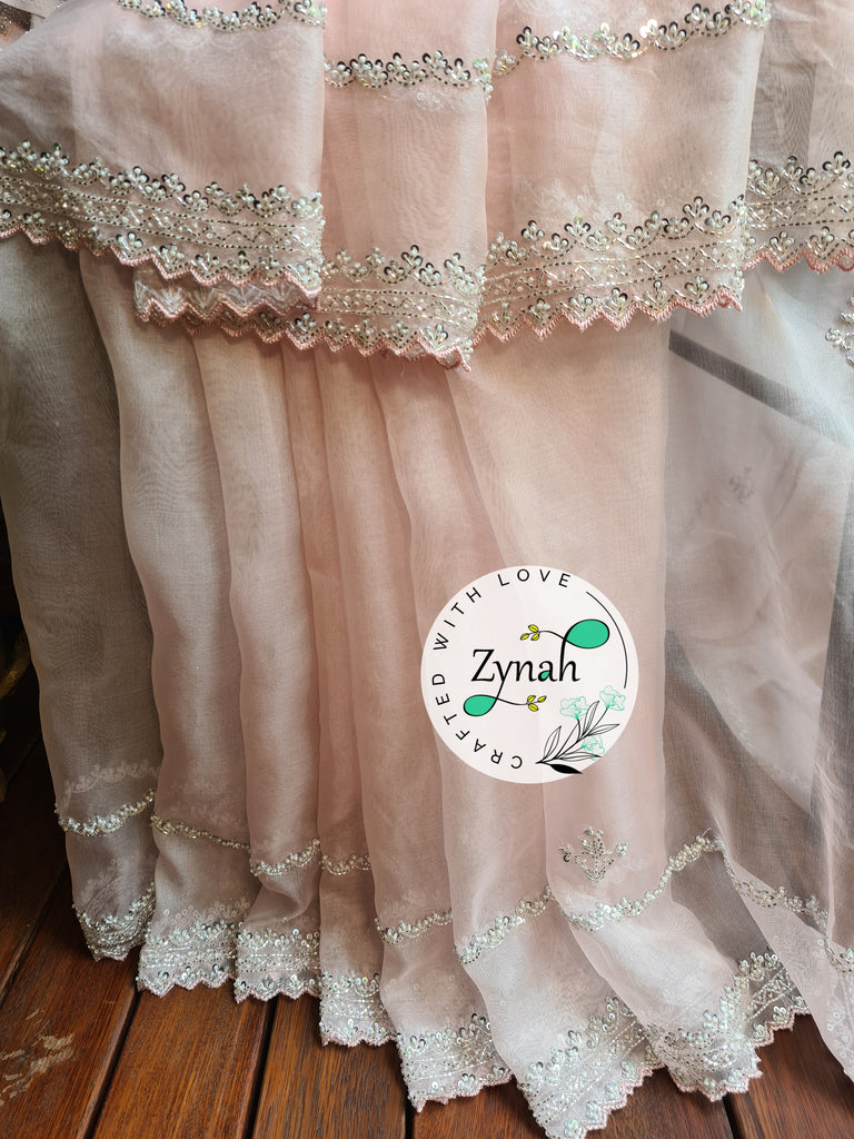 Zynah Light Pink Color Pure Organza Silk Saree with Sequence, Pearls & Cut-dana Work; Custom Stitched/Ready-made Blouse, Fall, Petticoat; Shipping available USA, Worldwide