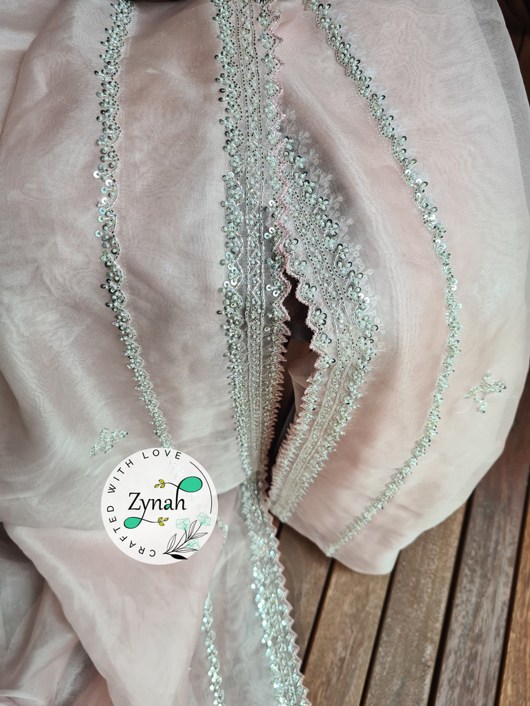 Zynah Light Pink Color Pure Organza Silk Saree with Sequence, Pearls & Cut-dana Work; Custom Stitched/Ready-made Blouse, Fall, Petticoat; Shipping available USA, Worldwide