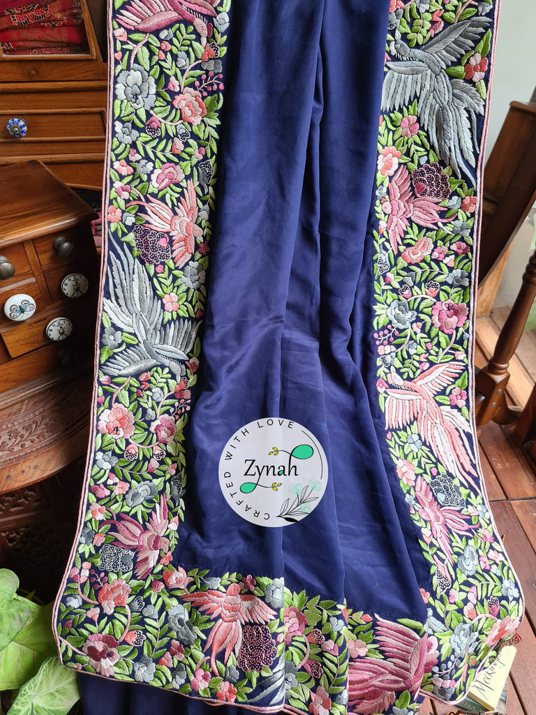 Zynah Blue Color Made to Order Pure Crepe Silk Parsi Gara Handcrafted Saree; Custom Stitched/Ready-made Blouse, Fall, Petticoat; Shipping available USA, Worldwide