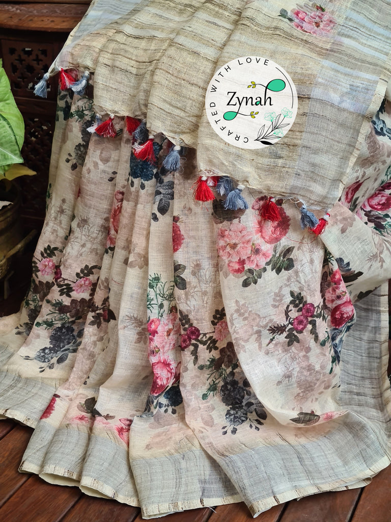 Zynah Off-white Color Organic Pure Linen by Linen(120c) Saree with Digital Floral Prints & Zari Border; Custom Stitched/Ready-made Blouse, Fall, Petticoat; Shipping available USA, Worldwide
