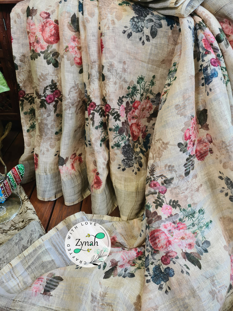 Zynah Off-white Color Organic Pure Linen by Linen(120c) Saree with Digital Floral Prints & Zari Border; Custom Stitched/Ready-made Blouse, Fall, Petticoat; Shipping available USA, Worldwide