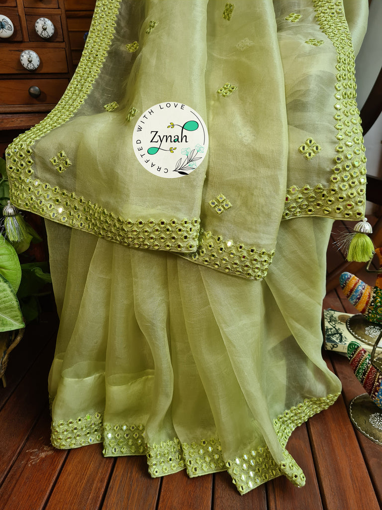 Zynah Green Color Pure Organza Silk Saree with Mirror Kutchi Work; Custom Stitched/Ready-made Blouse, Fall, Petticoat; Shipping available USA, Worldwide
