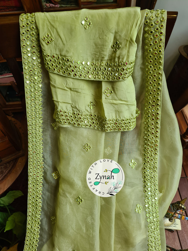 Zynah Green Color Pure Organza Silk Saree with Mirror Kutchi Work; Custom Stitched/Ready-made Blouse, Fall, Petticoat; Shipping available USA, Worldwide