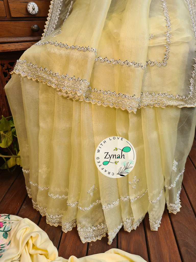 Zynah Yellow Color Pure Organza Silk Saree with Sequence, Pearls & Cut-dana Work; Custom Stitched/Ready-made Blouse, Fall, Petticoat; Shipping available USA, Worldwide