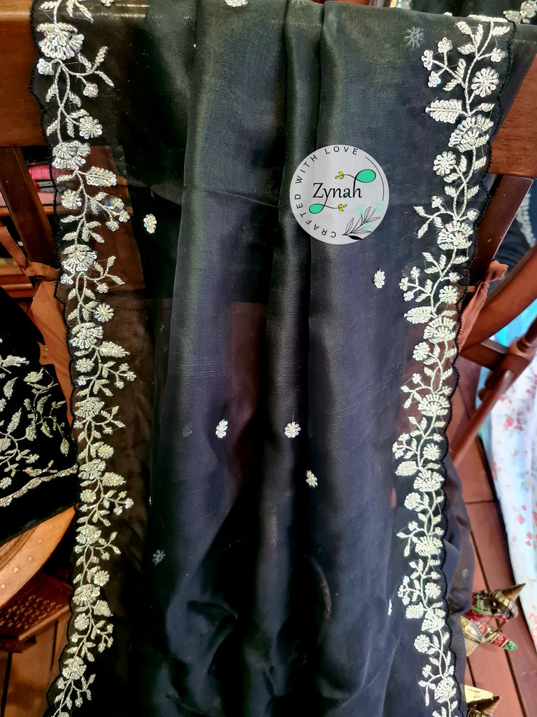 Zynah Black Color Pure Organza Silk Saree with Sequence & Cut-dana Work; Custom Stitched/Ready-made Blouse, Fall, Petticoat; Shipping available USA, Worldwide