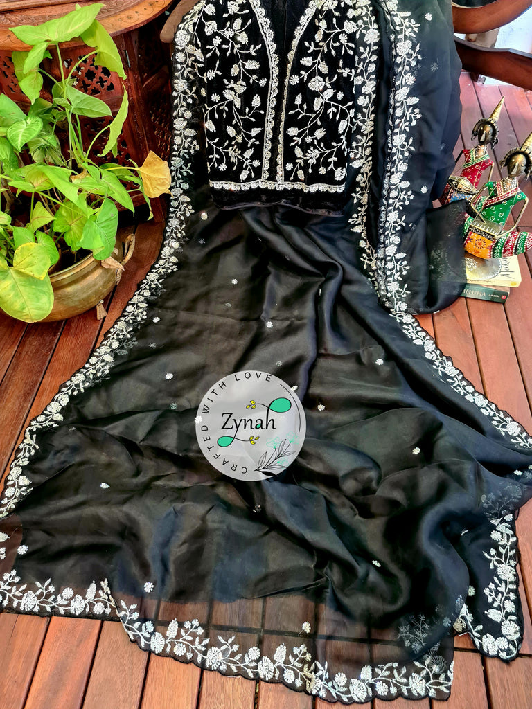 Zynah Black Color Pure Organza Silk Saree with Sequence & Cut-dana Work; Custom Stitched/Ready-made Blouse, Fall, Petticoat; Shipping available USA, Worldwide