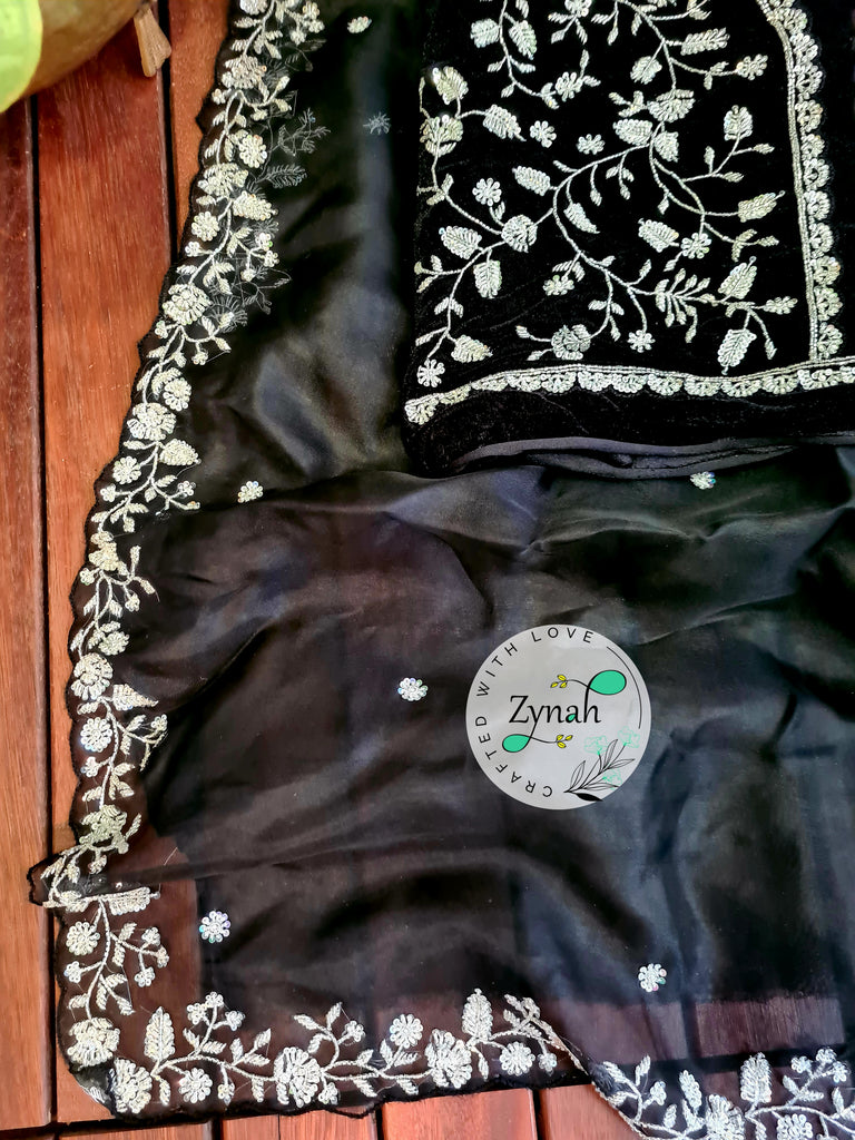 Zynah Black Color Pure Organza Silk Saree with Sequence & Cut-dana Work; Custom Stitched/Ready-made Blouse, Fall, Petticoat; Shipping available USA, Worldwide