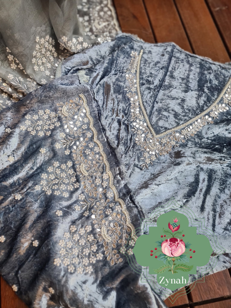 Zynah Grey Color Organza Silk Saree with Cut-dana Work, Pearls, Beads, Gotapatti Work; Custom Stitched/Ready-made Blouse, Fall, Petticoat; Shipping available USA, Worldwide