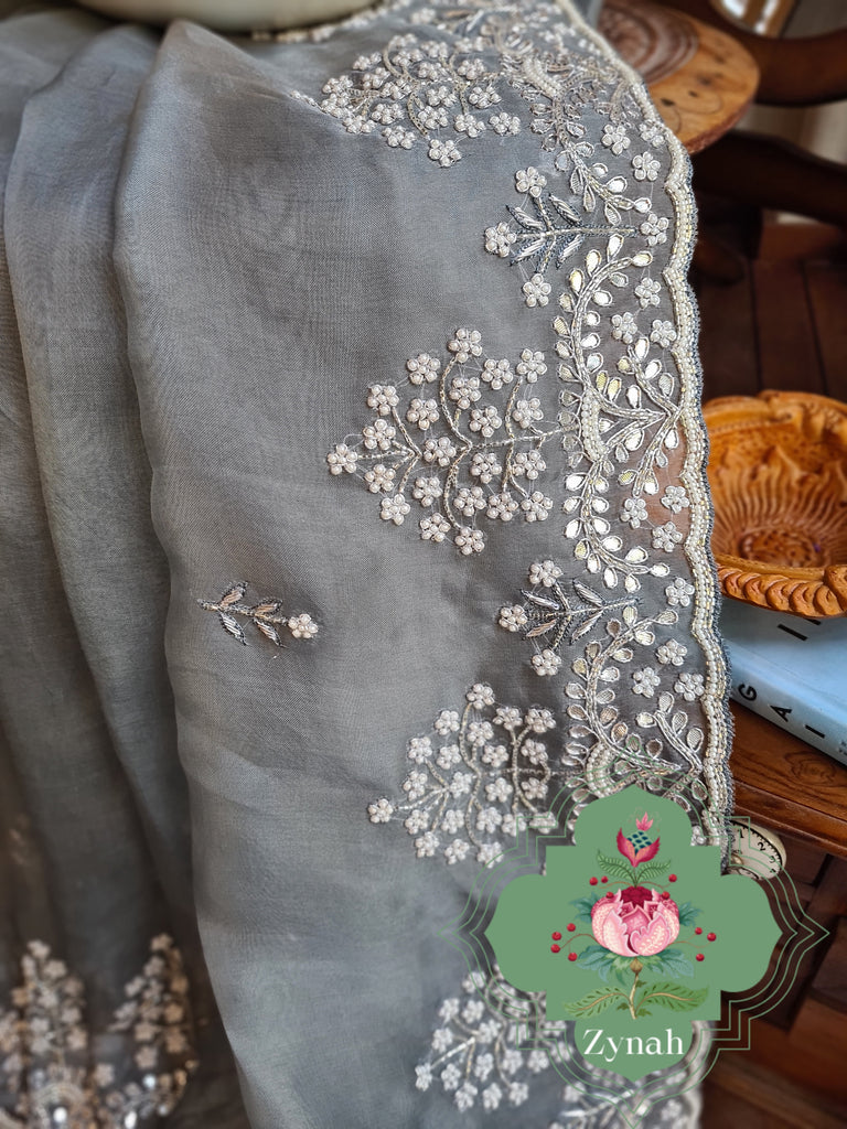 Zynah Grey Color Organza Silk Saree with Cut-dana Work, Pearls, Beads, Gotapatti Work; Custom Stitched/Ready-made Blouse, Fall, Petticoat; Shipping available USA, Worldwide