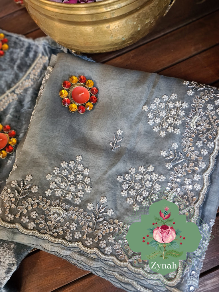 Zynah Grey Color Organza Silk Saree with Cut-dana Work, Pearls, Beads, Gotapatti Work; Custom Stitched/Ready-made Blouse, Fall, Petticoat; Shipping available USA, Worldwide