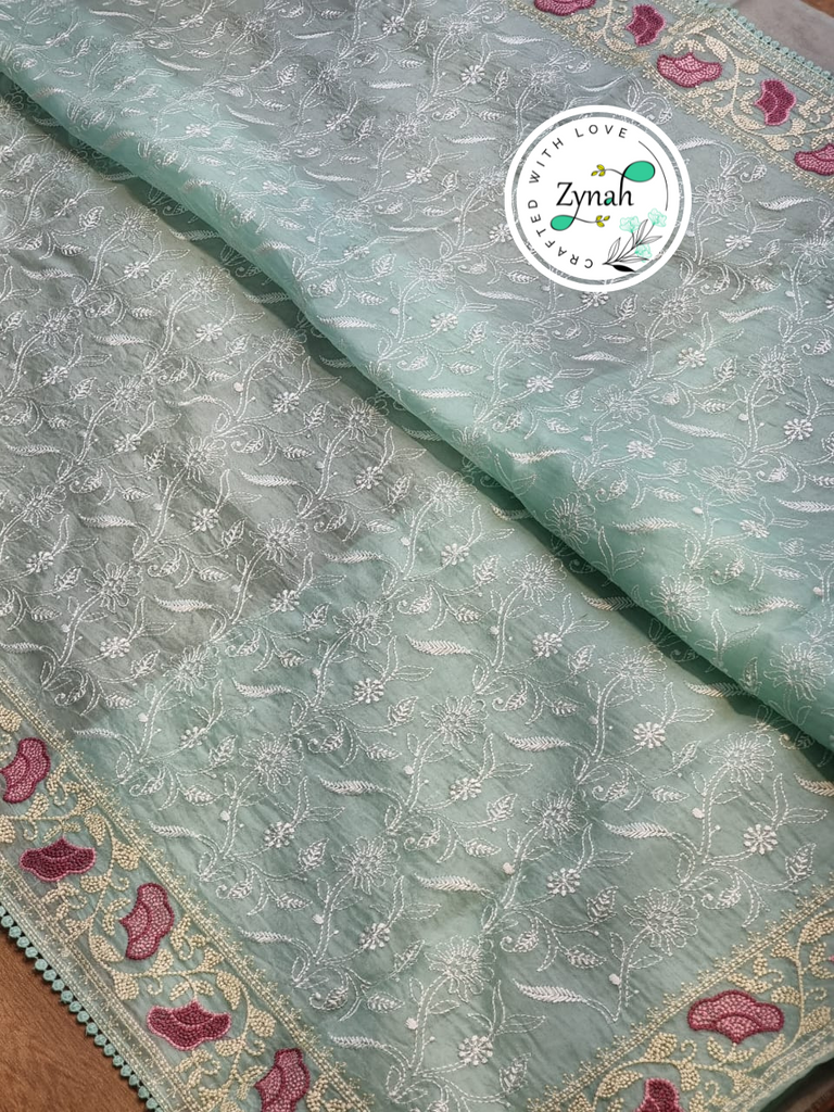 Zynah Teal Color Pure Organza Silk Chikankari  Embroidery Saree with Crochet Lace  in Pastel Shades; Available in many colors; stitched readymade blouse,fall,petticoat,available in USA