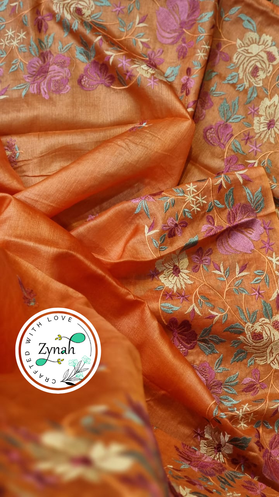 Zynah Orange Color Pure Tussar Silk Embroidered Saree with Vibrant Tassels; Custom Stitched/Ready-made Blouse, Fall, Petticoat; Shipping available USA, Worldwide