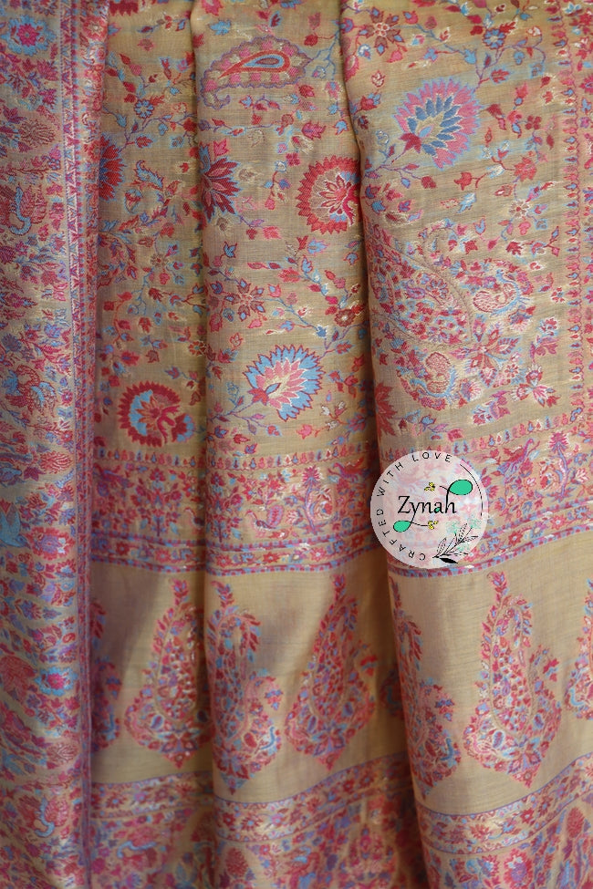 Zynah Pure Silk Kani Jamawar Saree with Grand Pallu & Border; Custom Stitched/Ready-made Blouse, Fall, Petticoat; Shipping available USA, Worldwide