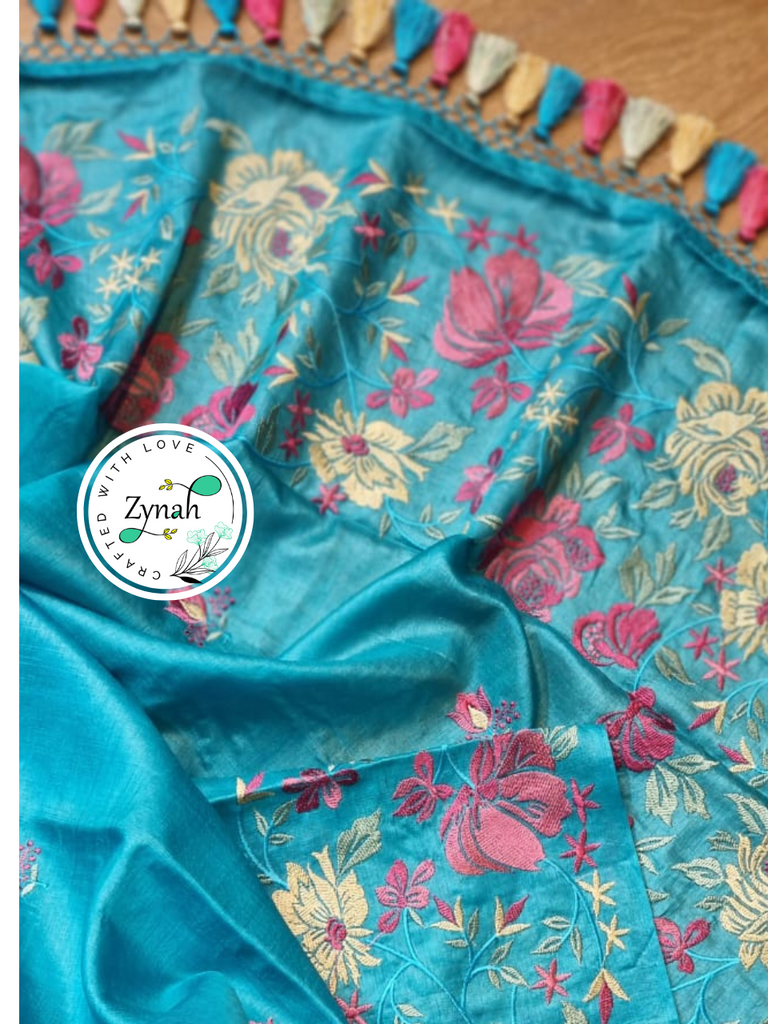 Zynah Blue Color Pure Tussar Silk Embroidered Saree with Vibrant Tassels; Custom Stitched/Ready-made Blouse, Fall, Petticoat; Shipping available USA, Worldwide
