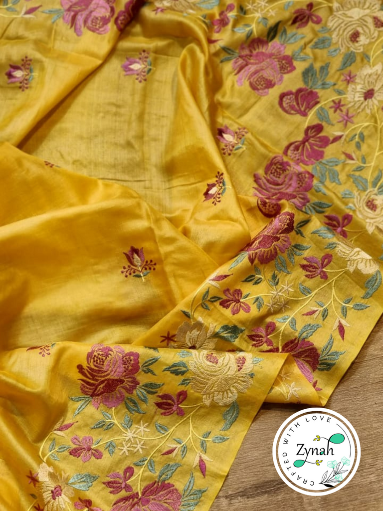 Zynah Yellow Color Pure Tussar Silk Embroidered Saree with Vibrant Tassels; Custom Stitched/Ready-made Blouse, Fall, Petticoat; Shipping available USA, Worldwide