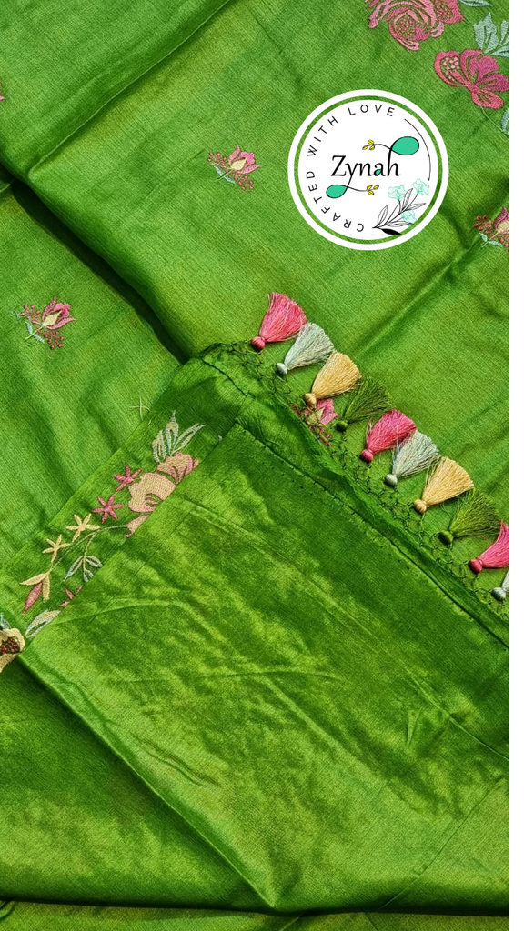 Zynah Green Color Pure Tussar Silk Embroidered Saree with Vibrant Tassels; Custom Stitched/Ready-made Blouse, Fall, Petticoat; Shipping available USA, Worldwide