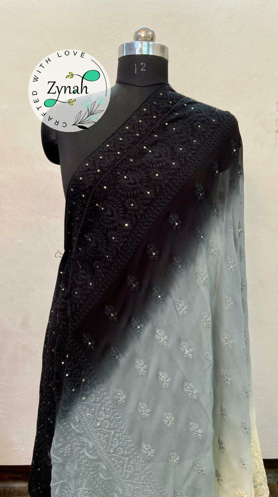 Zynah Pure Georgette Double-shaded Chikankari Saree with Sequence work; Custom Stitched/Ready-made Blouse, Fall, Petticoat; Shipping available USA, Worldwide