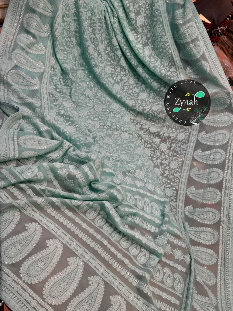 Zynah Pure Georgette Saree with Chikankari & Sequence Work; Custom Stitched/Ready-made Blouse, Fall, Petticoat; Shipping available USA, Worldwide