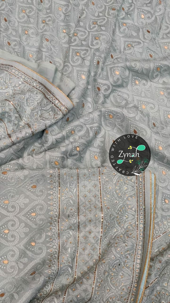 Zynah Pure Georgette Saree with Chikankari & Gotapatti Cut-work; Custom Stitched/Ready-made Blouse, Fall, Petticoat; Shipping available USA, Worldwide