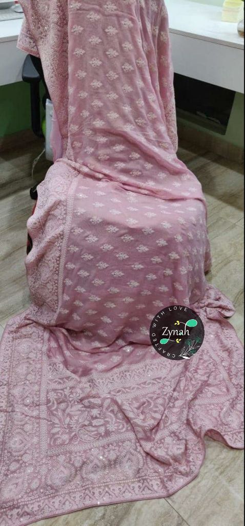 Zynah Pure Georgette Saree with Chikankari & Sequence work; Custom Stitched/Ready-made Blouse, Fall, Petticoat; Shipping available USA, Worldwide