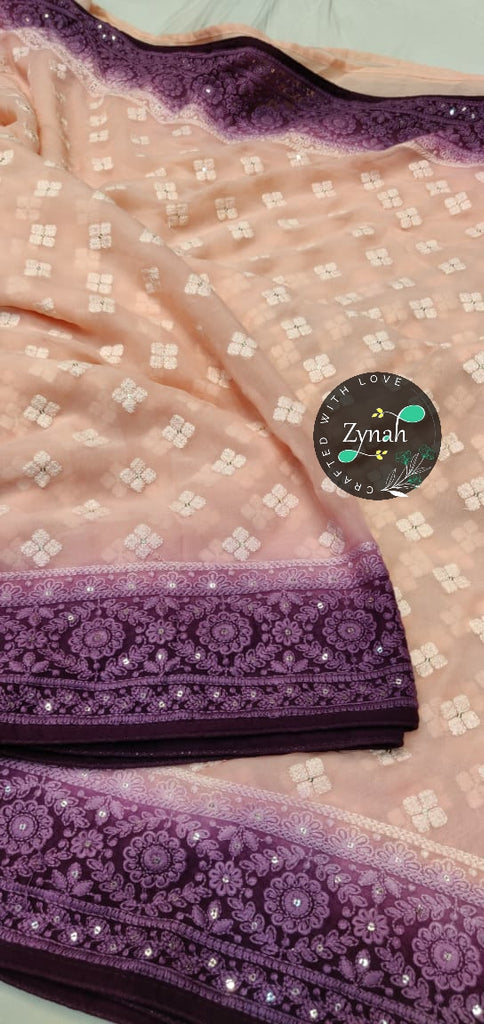 Zynah Pure Georgette Double-shaded Chikankari Saree with Sequence work; Custom Stitched/Ready-made Blouse, Fall, Petticoat; Shipping available USA, Worldwide