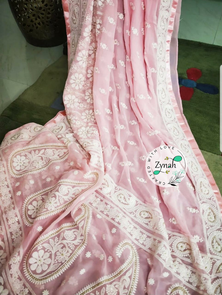 Zynah Pure Georgette Chikankari Saree with Sequence work; Custom Stitched/Ready-made Blouse, Fall, Petticoat; Shipping available USA, Worldwide