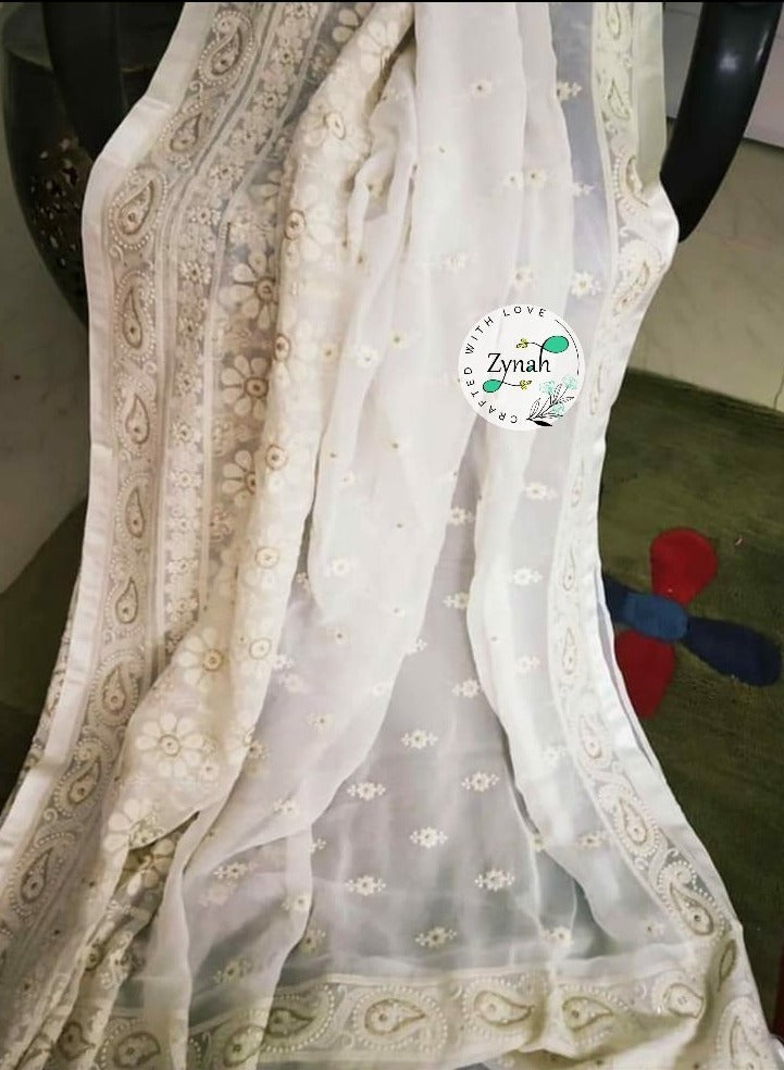 Zynah Pure Georgette Chikankari Saree with Sequence work; Custom Stitched/Ready-made Blouse, Fall, Petticoat; Shipping available USA, Worldwide