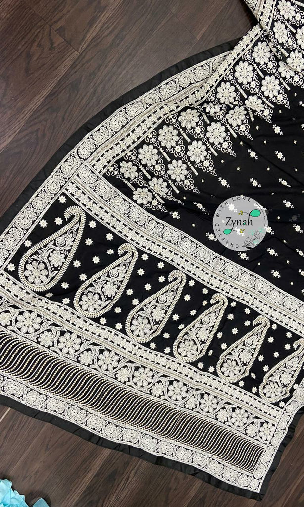 Zynah Pure Georgette Chikankari Saree with Sequence work; Custom Stitched/Ready-made Blouse, Fall, Petticoat; Shipping available USA, Worldwide